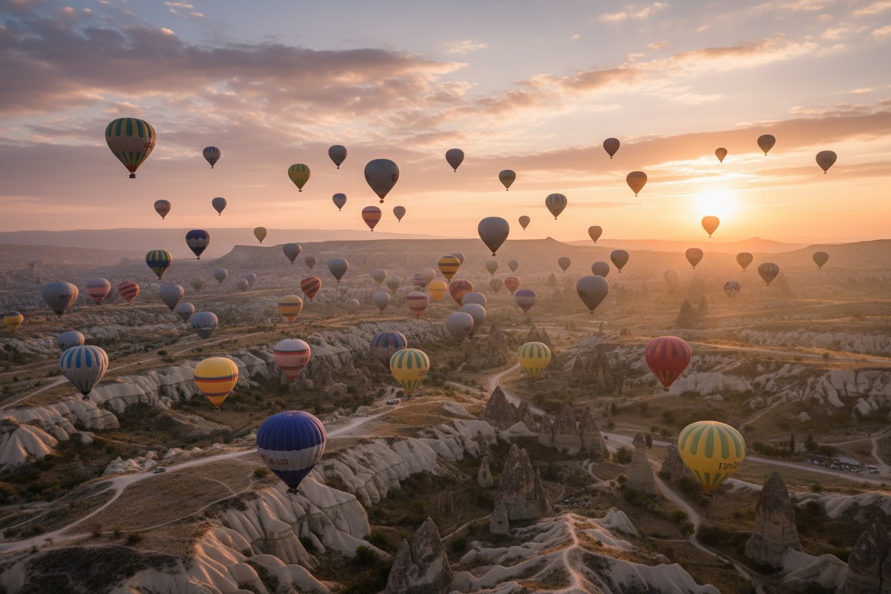 Kalabalık grup balon uçuşu